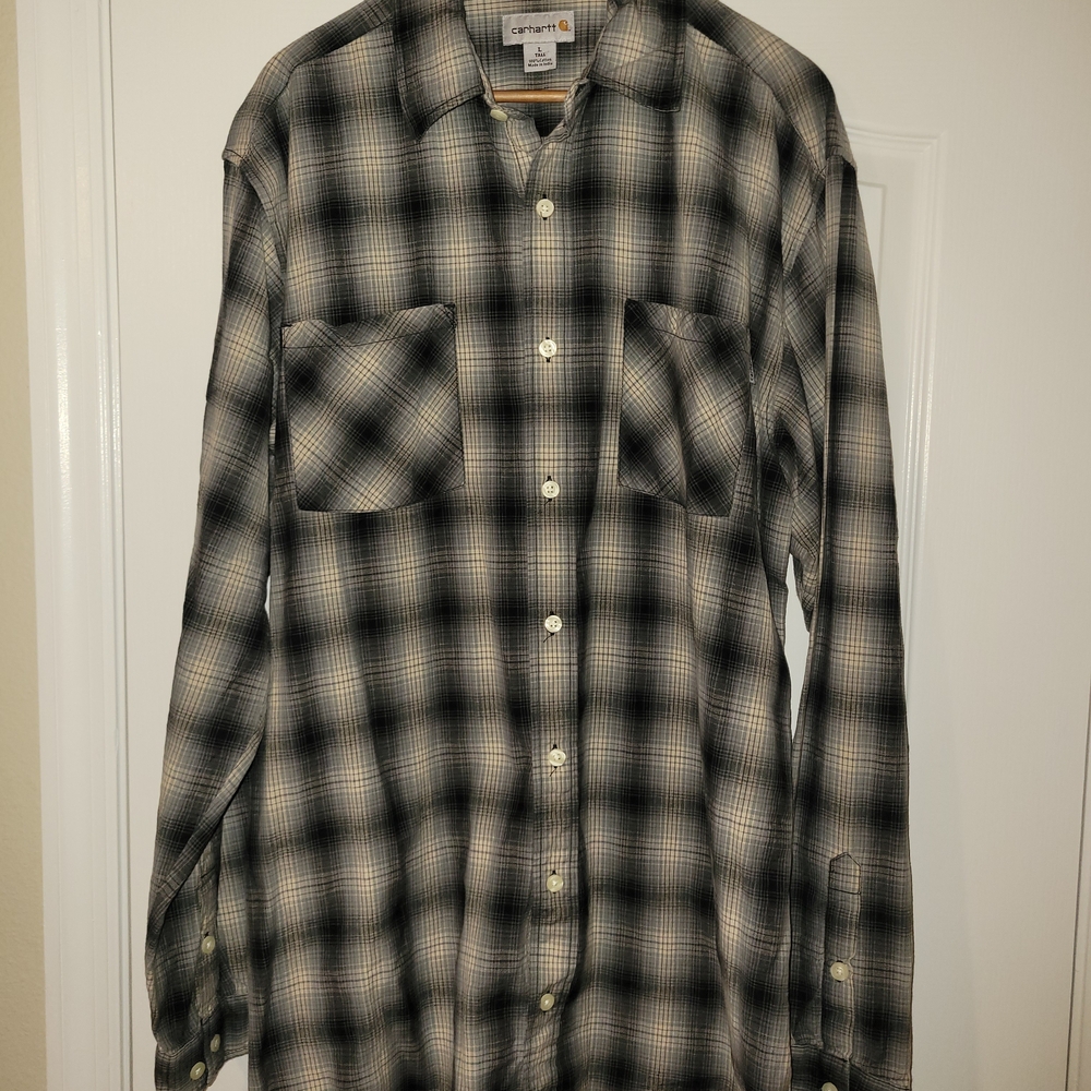 Carhartt Men’s Flannel Shirt Large Tall LT Gray Black Plaid Button Up